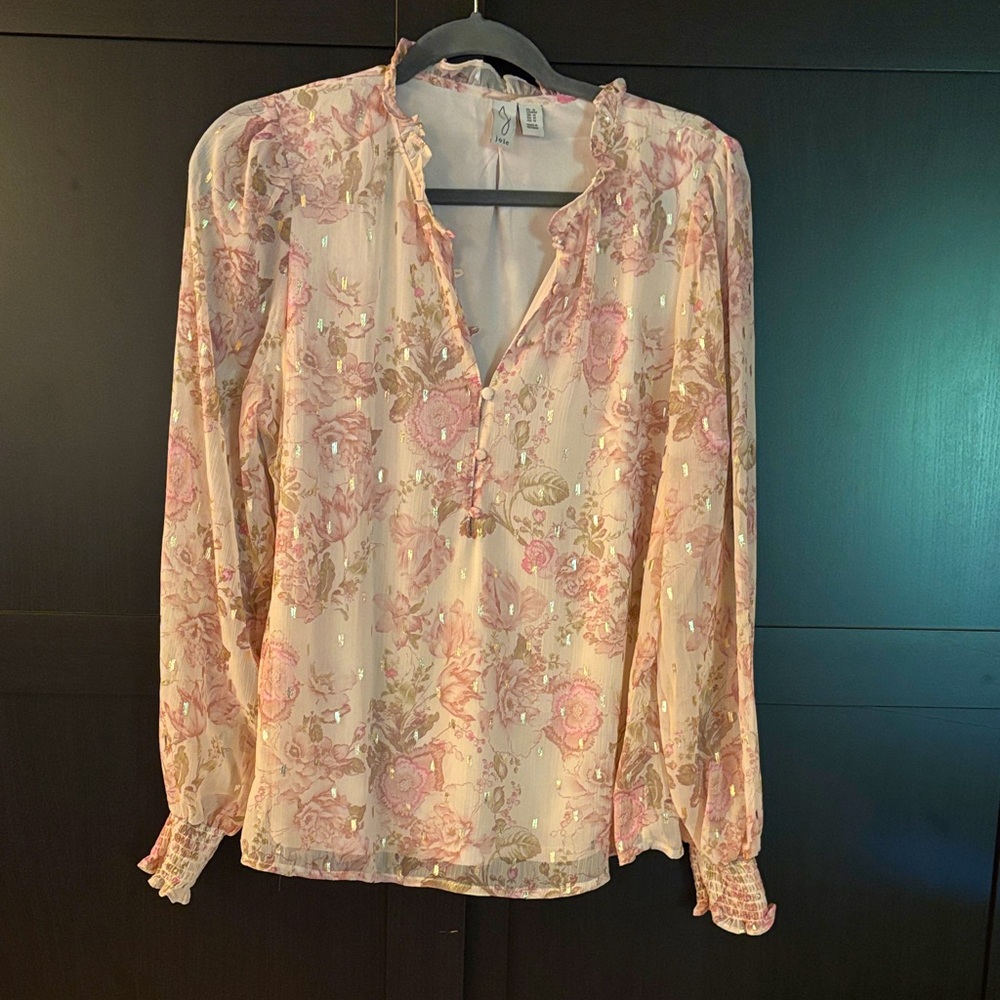 NEW Joie Pink Floral Blouse with Gold Accents, ruffle neck